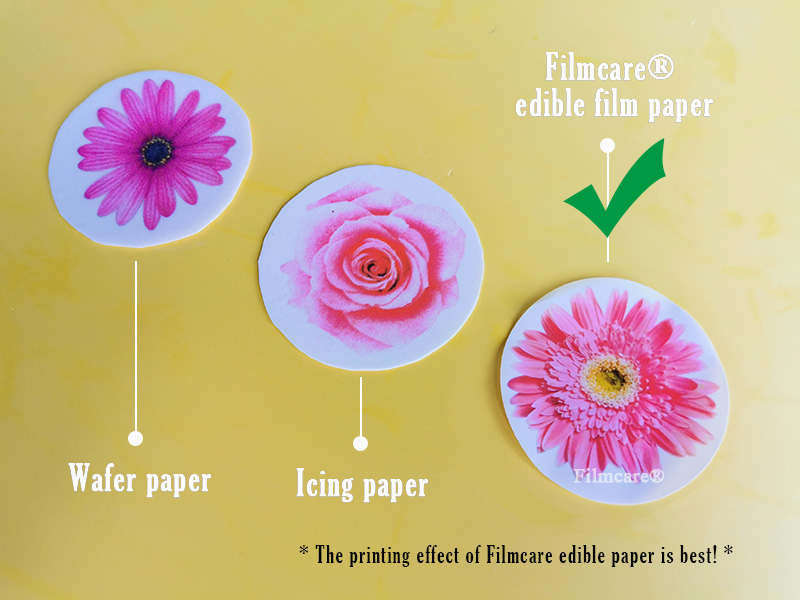 printing effect comparison between icing paper, wafer paper and filmcare edible paper